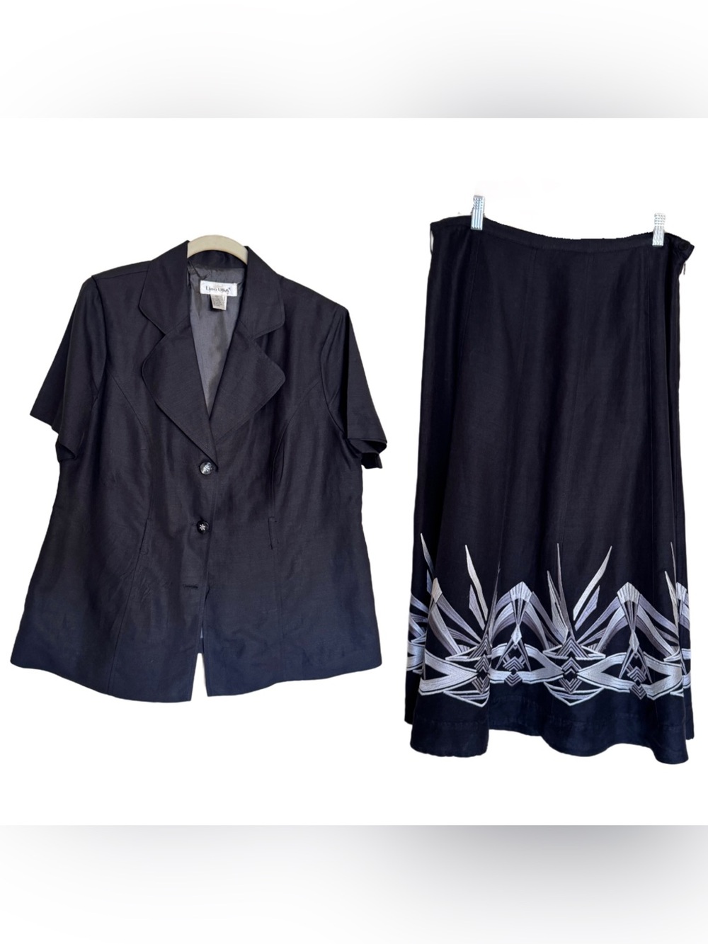 Lino USA Linen Blend Black Suit Geometrical Artsy Embroidered Skirt Jacket Sz L